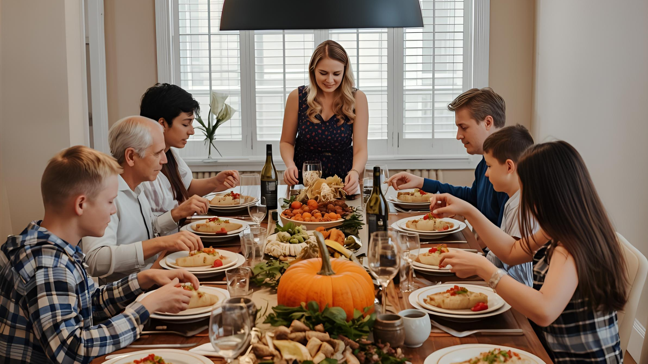 Multi-generational family at Thanksgiving table discussing gratitude and wealth planning.